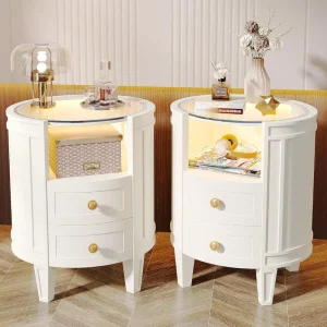 Set of 2 Nightstand with LED Glass Tabletop